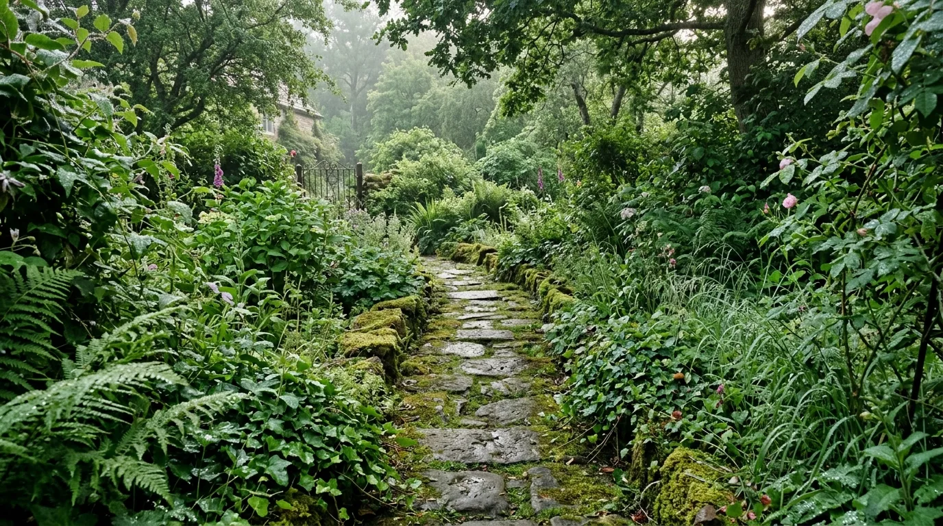 Overgrown Pathway Through Garden